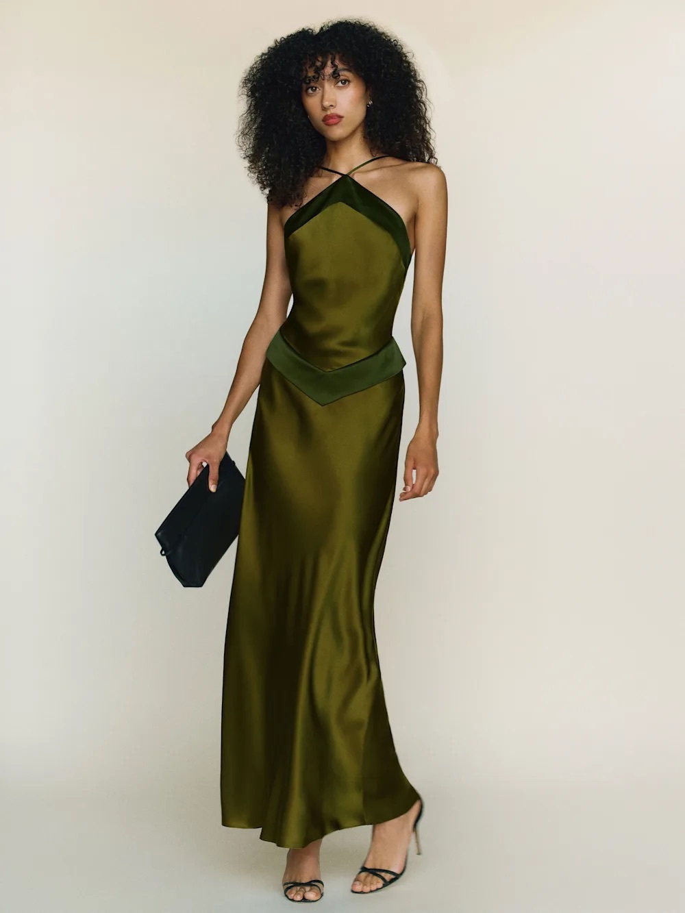 Reformation Olive Green Satin Bias Maxi Dress